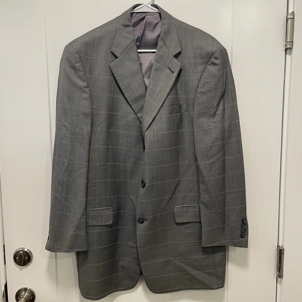 Hart Schaffner Marx Mens Gray Windowpane Tailored Two Button Blazer Sport Coat